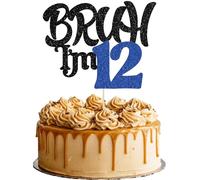 Ephlyn 1Pc Bruh I'm 12 Cake Topper Glitter Happy 12th Birthday Cake Pick Bro I'm 12 It's My 12th Birthday Cake Decoration for Cheers to 12 Years Party Decorations Supplies Black Blue