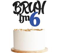 Ephlyn 1Pc Bruh I'm 6 Cake Topper Glitter Happy 6th Birthday Cake Pick Bro I'm 6 It's My 6th Birthday Cake Decoration for Cheers to 6 Years Party Decorations Supplies Black Blue