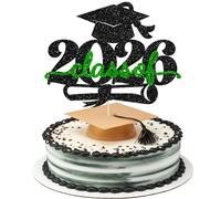 Ephlyn 1Pc Class of 2026 Cake Topper Glitter Congrats Grad Cap 2026 Cake Pick for 2026 Graduation Theme High School Graduate Party Cake Decorations Supplies Black Green 1