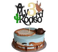 Ephlyn 1Pc Cowboy 3rd Birthday Cake Topper Glitter Third Birthday Hat Cowboy Three Cake Decorations for Western Theme Baby Shower Kids Boys 3rd Birthday Party Supplies