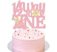 Ephlyn 1Pc Daisy 1/2 Way to One Cake Topper Glitter Half Birthday Cake Decoration Half Way to Go Cake Topper for Boys Girls 6 Month Birthday Party Supplies Pink
