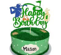 Ephlyn 1Pc Golf Birthday Cake Topper Glitter Happy Birthday Sign Golf Ball Player Cake Decorations for Sport Themed Man Boy Girl Birthday Party Supplies