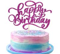 Ephlyn 1Pc Happy Birthday Cake Topper Glitter Birthday Sign Cake Pick Decoration for Happy Birthday Theme Boys Girls Baby Shower Birthday Party Cake Decorations Purple