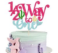 Ephlyn 1Pc Mermaid 1/2 Half Way to One Cake Topper Glitter Half Way to Go Cake Pick Happy 6 Months Birthday Cake Decoration for Baby Happy 6 Months Birthday Party Decorations Supplies Pink