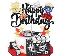 Ephlyn 1Pc Movie Happy Birthday Cake Topper Glitter Roll Camera Video Recorder Popcorn Movie Night Cake Pick for Theater Theme Family Film Baby Shower Birthday Party Supplies Black