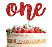 Ephlyn 1Pc One Cake Topper Glitter 1st Birthday Cake Decoration for Boys or Girls First Birthday Baby Shower 1st Birthday Party Supplies Photo Booth Props Red