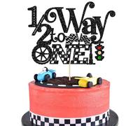 Ephlyn 1Pc Race Car 1/2 Way to One Cake Topper Glitter Half Birthday Cake Decoration Half Way to Go Cake Topper for Boys Girls 6 Month Birthday Party Supplies Black