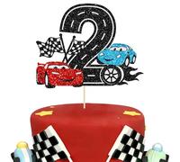 Ephlyn 1Pc Race Car 2nd Birthday Cake Topper Glitter Two Fast Cake Decoration for Racing Car Checkered Flag Themed Kids Boy Girl 2s Years Old Happy 2 Bday Party Decor Supplies