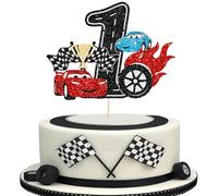 Ephlyn 1Pc Race Car First Birthday Cake Topper Glitter 1st Cake Decoration for Racing Car Checkered Flag Themed Kids Boy Girl One Years Old Happy 1st Bday Party Decor Supplies