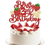 Ephlyn 1Pc Strawberry Berry 3rd Birthday Cake Topper Glitter Flower Sweet Fruit Theme Third Birthday Strawberry Cake Pick for Strawberry Theme Baby Shower 3rd Birthday Party Cake Decorations Supplies