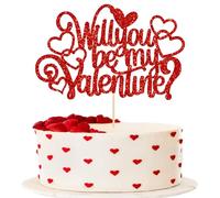 Ephlyn 1Pc Will You Be My Valentine Cake Topper Glitter Love Heart Valentine's Day Cake Pick for Valentine's Day Theme Wedding Bridal Shower Birthday Party Cake Decorations Supplies Red