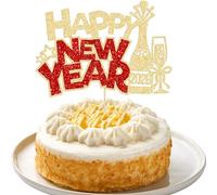 Ephlyn 1Pcs 2026 Happy New Year Cake Topper Glitter Champagne Hello 2026 Cake Decorations for Cheers to 2026 Happy New Year Eve Theme Holiday Party Supplies Gold Red