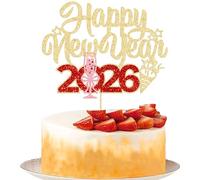 Ephlyn 1Pcs 2026 Happy New Year Cake Topper Glitter Hello 2026 Cake Decorations for Cheers to 2026 Happy New Year Eve Theme Holiday Party Supplies Gold Red