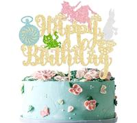 Ephlyn 1Pcs Alice Happy Birthday Cake Topper Glitter Eat Me Magical Hat Bunny Clock Fairy Birthday Cake Pick for Wonderland Baby Shower Birthday Party Decorations Supplies Gold