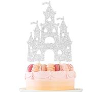 Ephlyn 1Pcs Castle Cake Topper Glitter Princess Castle Theme Birthday Cake Decorations Queen Castle Cake Pick for Princess Prince Birthday Baby Shower Party Supplies Silver
