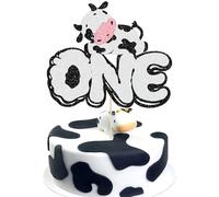 Ephlyn 1Pcs Cow First Birthday Cake Topper Glitter Cow Moo One Cake Pick Decorations for Farm Animal Theme Baby Shower Birthday Party Decorations Supplies Black