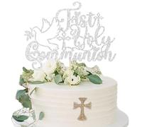Ephlyn 1Pcs First Holy Communion Cake Topper Glitter Spanish Baptism First Communion Decoration for Wedding Christening Baby Shower 1st Birthday Party DecorationsSilver