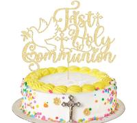 Ephlyn 1Pcs First Holy Communion Cake Topper Glitter Spanish Baptism First Communion Decoration for Wedding Christening Baby Shower 1st Birthday Party DecorationsGold