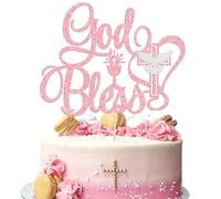Ephlyn 1Pcs God Bless Cake Topper Glitter Dove Cross Christening First Communion Cake Pick Baptism Cake Decorations for Religious Theme Party Baby Shower Birthday Party SuppliesPink
