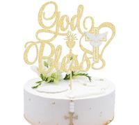 Ephlyn 1Pcs God Bless Cake Topper Glitter Dove Cross Christening First Communion Cake Pick Baptism Cake Decorations for Religious Theme Party Baby Shower Birthday Party Supplies Gold