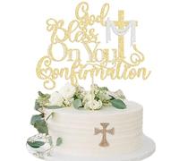 Ephlyn 1Pcs God Bless On You Confirmation Cake Topper with Cross Glitter First Communion Cake Pick for for Christening Baptism Baby Shower Birthday Party Cake Decorations Supplies Gold