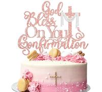 Ephlyn 1Pcs God Bless On You Confirmation Cake Topper with Cross Glitter First Communion Cake Pick for for Christening Baptism Baby Shower Birthday Party Cake Decorations Supplies Rose Gold