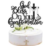 Ephlyn 1Pcs God Bless On You Confirmation Cake Topper with Cross Glitter First Communion Cake Pick for for Christening Baptism Baby Shower Birthday Party Cake Decorations Supplies Black