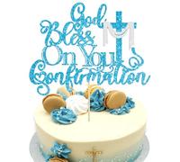 Ephlyn 1Pcs God Bless On You Confirmation Cake Topper with Cross Glitter First Communion Cake Pick for for Christening Baptism Baby Shower Birthday Party Cake Decorations Supplies Blue
