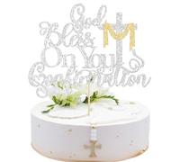 Ephlyn 1Pcs God Bless On You Confirmation Cake Topper with Cross Glitter First Communion Cake Pick for for Christening Baptism Baby Shower Birthday Party Cake Decorations Supplies Silver