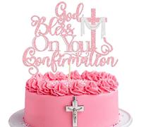 Ephlyn 1Pcs God Bless On You Confirmation Cake Topper with Cross Glitter First Communion Cake Pick for for Christening Baptism Baby Shower Birthday Party Cake Decorations Supplies Pink