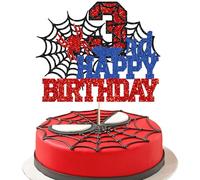 Ephlyn 1Pcs Happy 3rd Birthday Cake Topper Glitter Spider Themed Happy Third Birthday Cake Decor for Men Boy Children Three Years Birthday Party Supplies