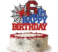 Ephlyn 1Pcs Happy 6th Birthday Cake Topper Glitter Spider Themed Happy Sixth Birthday Cake Decor for Men Boy Children Six Years Birthday Party Supplies