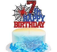 Ephlyn 1Pcs Happy 7th Birthday Cake Topper Glitter Spider Themed Happy Seventh Birthday Cake Decor for Men Boy Children Seven Years Birthday Party Supplies