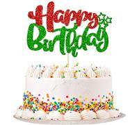 Ephlyn 1Pcs Happy Birthday Cake Topper Glitter Happy Birthday Cake Pick for Christmas Theme Baby Shower Anniversary Party Decorations Supplies Red Green