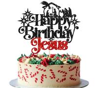 Ephlyn 1Pcs Happy Birthday Jesus Cake Topper Glitter Merry Christmas Nativity Jesus Birthday Cake Pick for Nativity Scene Theme Christmas Jesus Birthday Party Cake Decorations Supplies Red