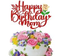 Ephlyn 1Pcs Happy Birthday Mom Cake Topper Glitter Best Mom Ever Cake Decorations for Happy Mothers Day Party Decorations Red