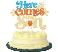 Ephlyn 1Pcs Here Comes The Son Cake Topper Glitter Here Comes The Sun Baby Shower Cake Pick Sunshine Birthday Cake Decoration for Sun Theme Baby Shower Son 1st Birthday Party Supplies Blue Orange Gold