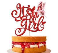 Ephlyn 1Pcs It’s a Girl Cake Topper Glitter Butterfly Sweet Baby Girl Cake Decoration Baby Shower Gender Reveal Party Decorations 1st Birthday Party Decoration Supplies Red