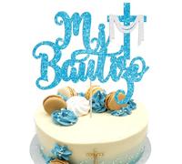 Ephlyn 1Pcs Spanish Mi Bautizo Cake Topper Glitter Cross First Holy Communion Baptism Cake Pick Religious God Bless Baptism Cake Decoration for Baby Shower Birthday Party Supplies Blue