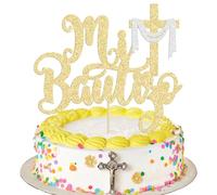 Ephlyn 1Pcs Spanish Mi Bautizo Cake Topper Glitter Cross First Holy Communion Baptism Cake Pick Religious God Bless Baptism Cake Decoration for Baby Shower Birthday Party Supplies Gold