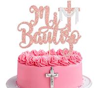 Ephlyn 1Pcs Spanish Mi Bautizo Cake Topper Glitter Cross First Holy Communion Baptism Cake Pick Religious God Bless Baptism Cake Decoration for Baby Shower Birthday Party Supplies Rose Gold