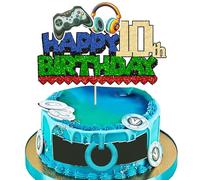 Ephlyn 1Pcs Video Game 10th Birthday Cake Topper Glitter Cake Pick Game On Controllers Ten Cheers to 10 Years Cake Decoration for Happy Birthday Party Supplies