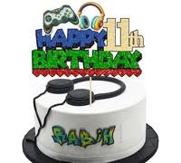 Ephlyn 1Pcs Video Game Happy 11th Birthday Cake Topper Glitter Video Game Cake Pick Game On Controllers Ten Cheers to 11 Years Cake Decoration for Happy 11th Birthday Party Supplies