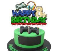 Ephlyn 1Pcs Video Game Happy 8th Birthday Cake Topper Glitter Video Game Cake Pick Game On Controllers Eight Cheers to 8 Years Cake Decoration for Happy 8th Birthday Party Supplies
