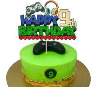 Ephlyn 1Pcs Video Game Happy 9th Birthday Cake Topper Glitter Video Game Cake Pick Game On Controllers Nine Cheers to 9 Years Cake Decoration for Happy 9th Birthday Party Supplies