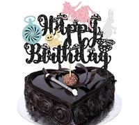 Ephlyn 1Pcs Wonderland Happy Birthday Cake Topper Glitter Eat Me Magical Hat Bunny Clock Fairy Birthday Cake Pick for Alice Baby Shower Birthday Party Decorations Supplies Black
