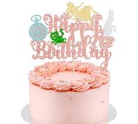 Ephlyn 1Pcs Wonderland Happy Birthday Cake Topper Glitter Eat Me Magical Hat Bunny Clock Fairy Birthday Cake Pick for Alice Baby Shower Birthday Party Decorations Supplies Rose Gold