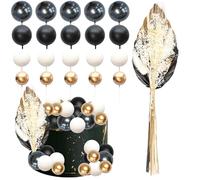 Ephlyn 21Pcs Ball Cake Toppers Flower Palm Leaf Cake Decorations for Bohemian Theme Boho Birthday Wedding Baby Shower Party Supplies Black Gold