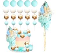Ephlyn 21Pcs Ball Cake Toppers Flower Palm Leaf Cake Decorations for Bohemian Theme Boho Birthday Wedding Baby Shower Party Supplies Blue