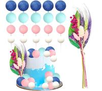 Ephlyn 21Pcs Ball Cake Toppers Flower Palm Leaf Cake Decorations for Bohemian Theme Boho Birthday Wedding Baby Shower Party Supplies Blue Pink